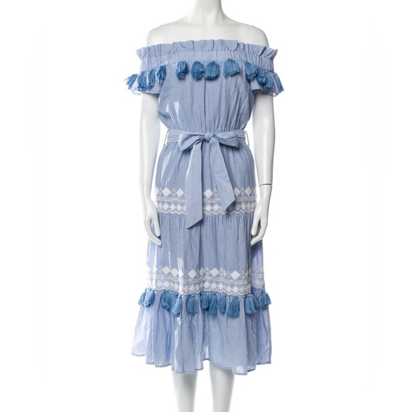TULAROSA Lana Dress in Getty Stripe Light Blue Tassel Off Shoulder - Picture 3 of 9